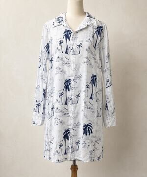 American Colors Cotton Tropical Palm Print Shirt Dress White Navy Long Sleeve M